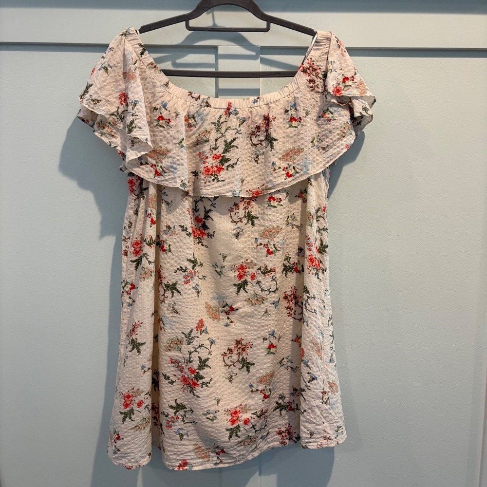 Skies Are Blue Women L Floral Seersucker Dress Ruffle Off Shoulder Cottagecore
